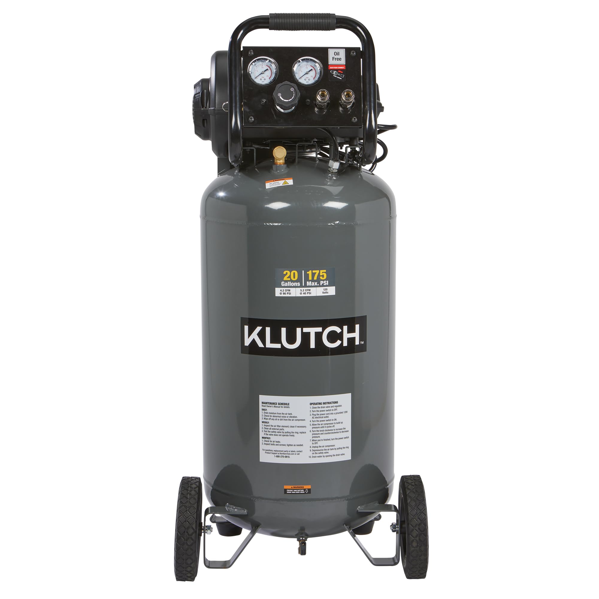 Klutch Portable Air Compressor, Workshop Air Compressor With Oil Less Pump, 2 Hp Motor, Thermal Overload Protection, Rubber Foot